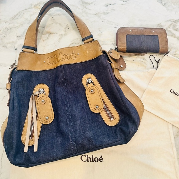 Chloe Handbags - Chloe Denim & Tan Tote with Coordinating Wallet!